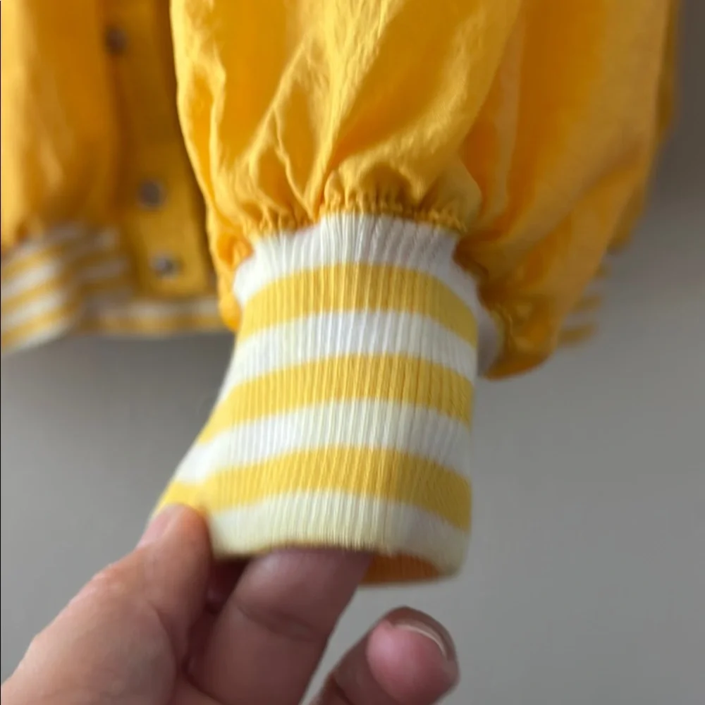 LIZ WEAR Vibrant Yellow Bomber Jacket with Striped Collar and Relaxed Fit - Picture 7 of 13